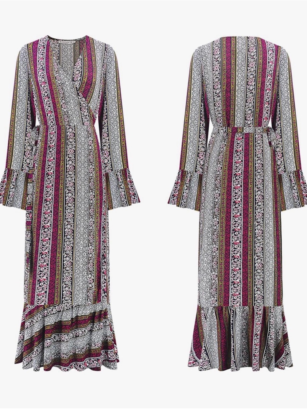 R. Vivimos Boho Wrap Maxi Dress Long Sleeve Bell Sleeve Floral Stripe M 8/10 - Picture 4 of 11